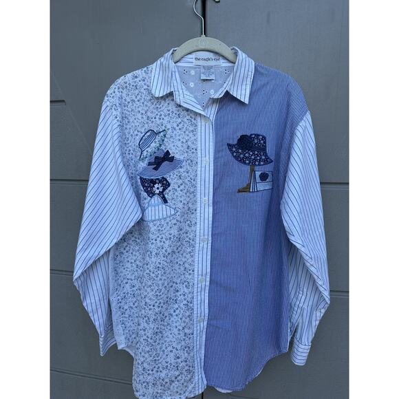 VTG Eagle's Eye Patchwork Embroidered Button Up Shirt Sz M Hong Kong Cottagecore - Picture 3 of 9